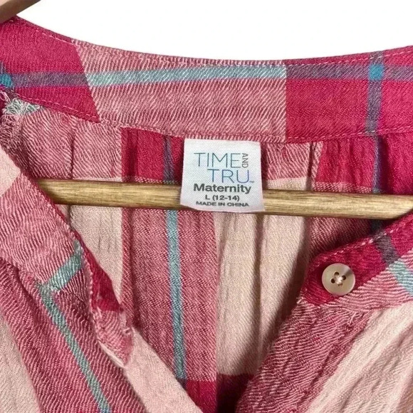 Time and Tru Maternity Pink and Blue Plaid Ruffle Flannel | Size Large - Picture 3 of 4